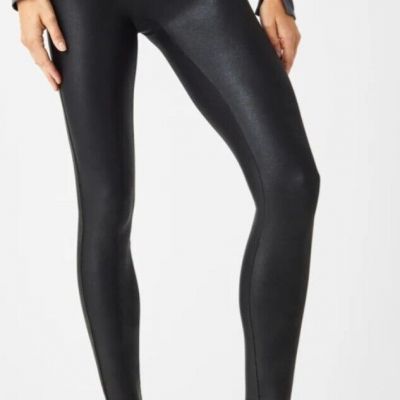 NEW SPANX Leggings Women's Lg Petite Black Faux Leather Shapewear 2437Q Shiny